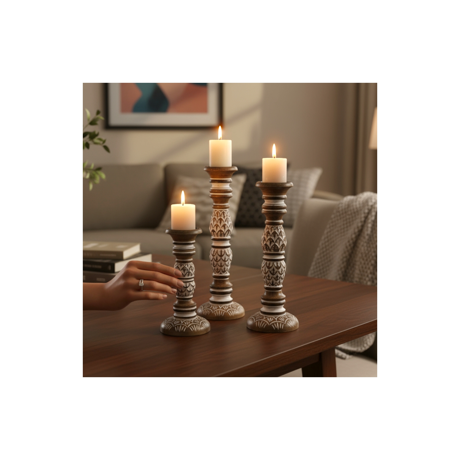 Set of 3 Artichoke Candle Holders-White Wash